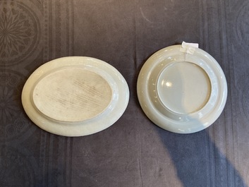 Un plat ovale et un plat rond en porcelaine de Chine famille rose de Canton, 19&egrave;me