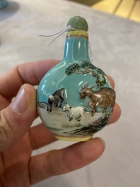 A Chinese relief-molded snuff bottle depicting goats, Yang He Tang mark, 19/20th C.