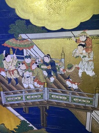 A Japanese painted six-panel 'Byobu' folding screen with playing boys, Edo, 18/19th C.