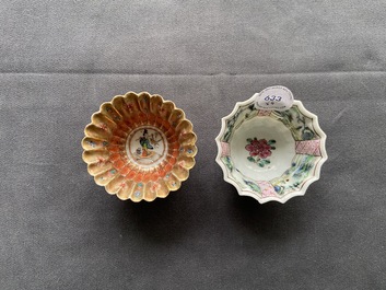 A lobed Chinese gilded famille rose 'lotus' cup and saucer and one depicting roosters, Yongzheng/Qianlong