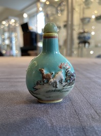 A Chinese relief-molded snuff bottle depicting goats, Yang He Tang mark, 19/20th C.