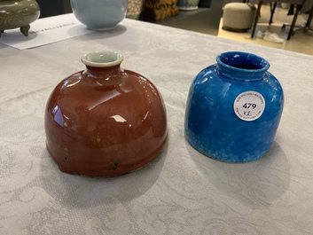 Two Chinese water pots with langyao and monochrome turqoise glaze, 19/20th C.