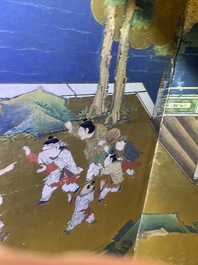 A Japanese painted six-panel 'Byobu' folding screen with playing boys, Edo, 18/19th C.