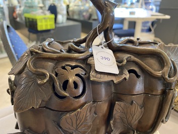 A Chinese bronze censer and cover in the shape of two pumpkins, 19th C.
