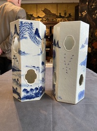 Two Chinese blue and white hexagonal hat stands with landscapes, 19th C.