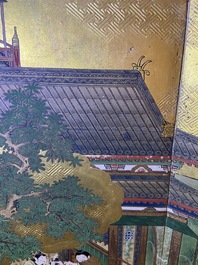 A Japanese painted six-panel 'Byobu' folding screen with playing boys, Edo, 18/19th C.