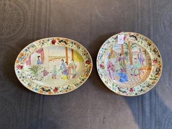 A fine oval Chinese Canton famille rose dish and a round dish, 19th C.