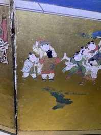 A Japanese painted six-panel 'Byobu' folding screen with playing boys, Edo, 18/19th C.