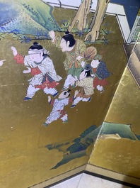 A Japanese painted six-panel 'Byobu' folding screen with playing boys, Edo, 18/19th C.