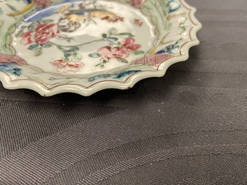 A lobed Chinese gilded famille rose 'lotus' cup and saucer and one depicting roosters, Yongzheng/Qianlong