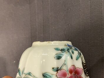 A lobed Chinese gilded famille rose 'lotus' cup and saucer and one depicting roosters, Yongzheng/Qianlong