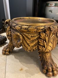 A Chinese yellow-ground famille verte 'dragons' fish bowl on gilded wooden stand, 19th C.