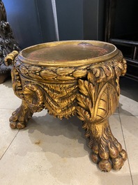 A Chinese yellow-ground famille verte 'dragons' fish bowl on gilded wooden stand, 19th C.