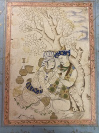 Een Perzische miniatuur op papier: 'Liefkozend koppel tegen een boom', 18/19e eeuw
