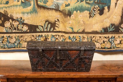 An iron-mounted wooden coffer, 17th C.