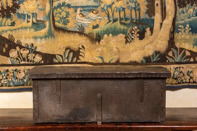 An iron chest with wooden interior, 18th C.