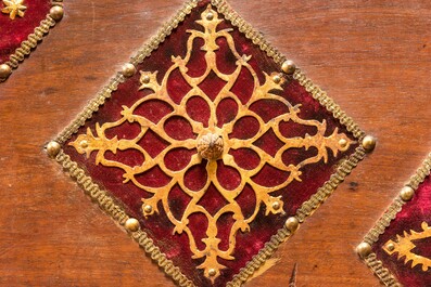 A Spanish walnut 'bargue&ntilde;o' cabinet with red velvet and bronze mounts, 17th C.