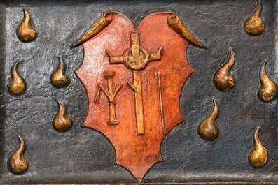 A large Flemish polychrome walnut retable, probably Ghent, dated 1529