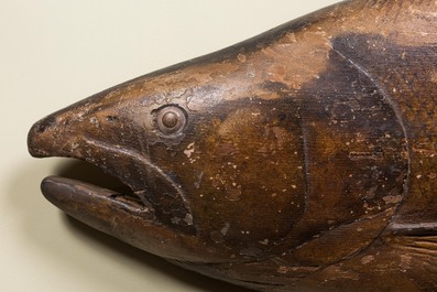 A large painted wooden model of a fish, 18th C.