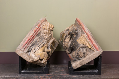 A pair of gilt and polychromed stone corbels with the 'Salazar' coat of arms, Burgundy, France, late 15th C.