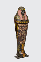 A polychrome decorated papier-m&acirc;ch&eacute; sarcophagus cover, 20th C.