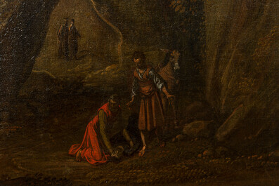 French school: 'Travellers in a landscape', oil on canvas, 17th C.