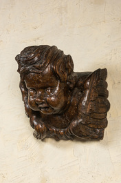 A large carved wood winged putto head, 17th C.