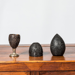 A carved coconut cup on silvered stand and two goblets, French colonies, 19th C.