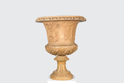A large terra cotta 'Medici' garden urn, marqued Douarche, Castelnaudary, France, 20th C.