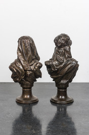 A pair of patinated bronze oriental subject busts, 19th C.