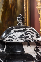 A pair of large black and white 'Grand Antique' marble vases and covers, probably Italy, 19/20th C.