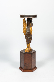 A partly gilt and patinated wooden 'swan' stand with marble top, 19th C.