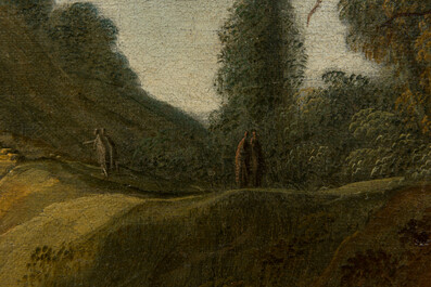 French school: 'Travellers in a landscape', oil on canvas, 17th C.