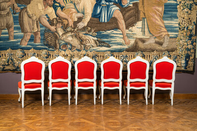 Six partly gilt wooden chairs with red velvet upholstery, 18/19th C.