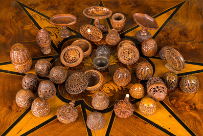 Twenty-two corozo wooden tobacco boxes and containers, France, 18/19th C.