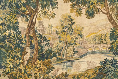 A French Aubusson wall tapestry with a wolf battling a fox in a forest setting with castle view, 19th C.