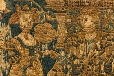 Fragment de broderie en laine en points lanc&eacute;s repr&eacute;sentant 'Salomon et la Reine de Sabba', Flandres ou Angleterre, fin du 16&egrave;me