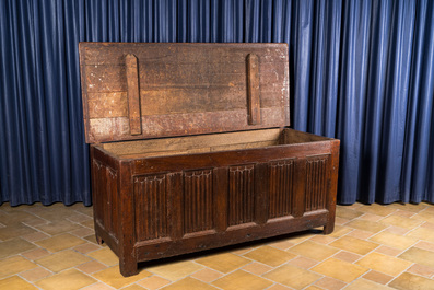 A large Flemish oak chest with folded parchment panels, 1st half 16th C.