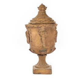 A large terracotta urn and cover with Roman busts and soldier heads, France or Italy, 18/19th C.