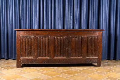 A large Flemish oak chest with folded parchment panels, 1st half 16th C.