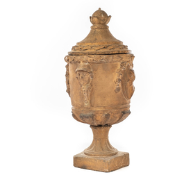 A large terracotta urn and cover with Roman busts and soldier heads, France or Italy, 18/19th C.