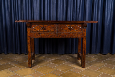 A Spanish walnut table with two drawers, 17th C.