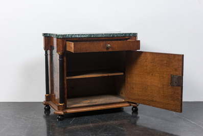 A marble-topped one-door buffet in burr walnut veneer painted with a romantic scenery, 19th C.