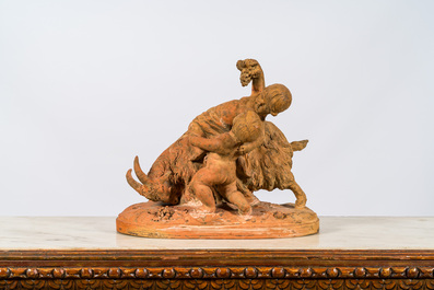 A terracotta group with two Bacchantes and a goat, 19/20th C.