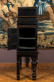 A most probably Greek ebonised wooden cabinet on foot with Wedgwood-style gods' and goddesses' plaques, 19/20th C.