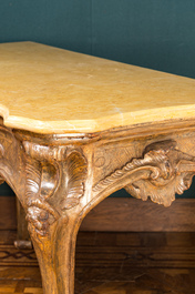 A patinated wooden rocaille table with yellow marble top, France, 18th C.