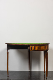 An Italian marquetry demi-lune gaming table with inlaid design of bow and arrows, 18/19th C.