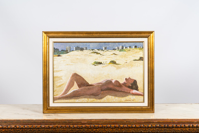 Sign&eacute; L. Desamory: 'Bronzage dans les dunes', acrylique sur board, dat&eacute; 1987