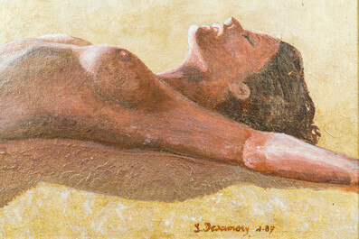 Gesigneerd L. Desamory: 'Bronzage dans les dunes', acryl op board, gedat. 1987