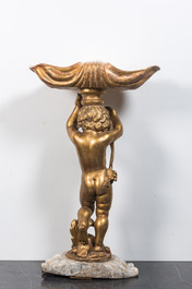 A faux marbre basin on gilt wooden putto stand, Italy, 19th C.
